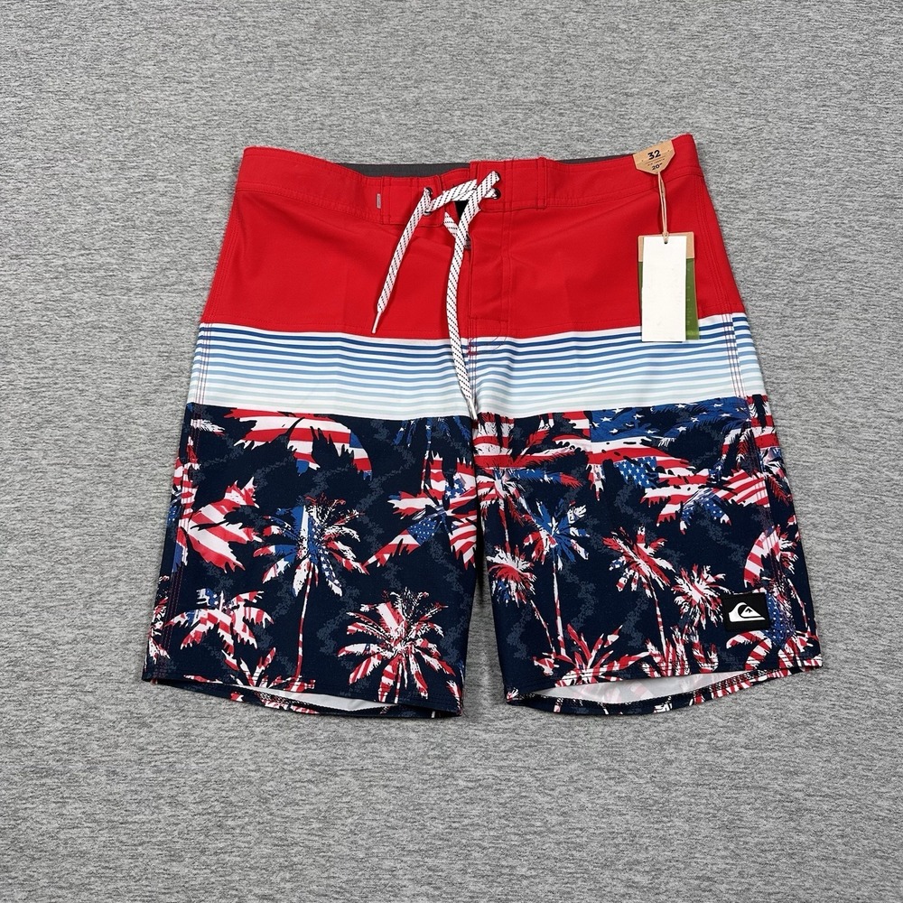 Quiksilver Board Shorts Mens 32 Red White Blue Drawstring Beach Swim Surf NEW